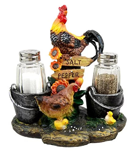 Country Rooster Hen and Chicks Family Salt and Pepper Shakers Holder Set 7H