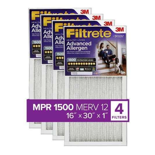 Filtrete 16x30x1 Air Filter, MPR 1500 MERV 12, Advanced Allergen Reduction, 4 Filters