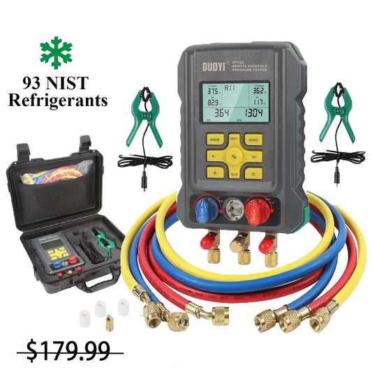 DUOYI Refrigeration Digital Manifold Meter Kit 2-Valve HVAC Pressure Gauge Set Vacuum Temp Tester Air Conditioning Flexible Maintain Tool Bulit-in R134a R410a 93 Types Refrigerant for Car, DY522A
