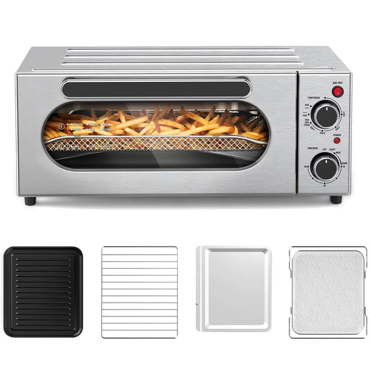 Toaster Oven Air Fryer Combo with 4 Accessories, 1800W 15L Countertop Convection Toster Oven Fits 9 Slices or 12 Pizza, Stainless Steel with 4 Functions Including Convection, Bake & Broil