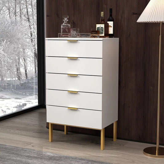 Modern 5Drawer Tall Storage Chest Dresser Stylish Functional Furniture White