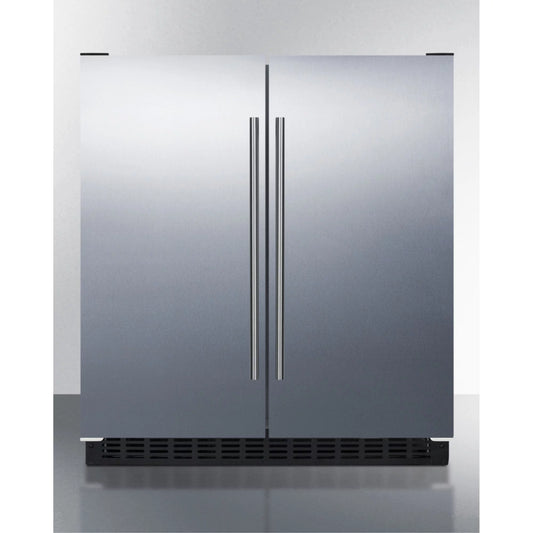 30 wide undercounter frost-free side-by-side refrigerator-freezer in stainless steel with locks, stainless steel handles, and digital controls