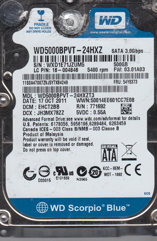 WD5000BPVT-24HXZT3, DCM EHCT2BB, Western Digital 500GB SATA 2.5 Hard Drive