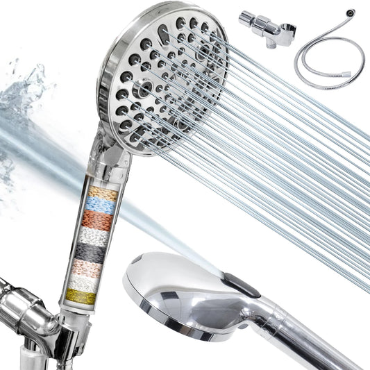 Fiuion Filtered Shower Head with Handheld 10 Mode High Pressure Shower Heads with Hose, Bracket, Anti-Clog Nozzles and Hard Water Shower Filter, Built-In Power Wash to Clean Tub, Tile & Pets, Silver