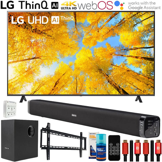 LG 75UQ7590PUB 75 Inch HDR 4K UHD Smart TV Bundle with Deco Gear Home Theater Soundbar with Subwoofer, Wall Mount Accessory Kit, 6FT 4K HDMI 2.0 Cables and More