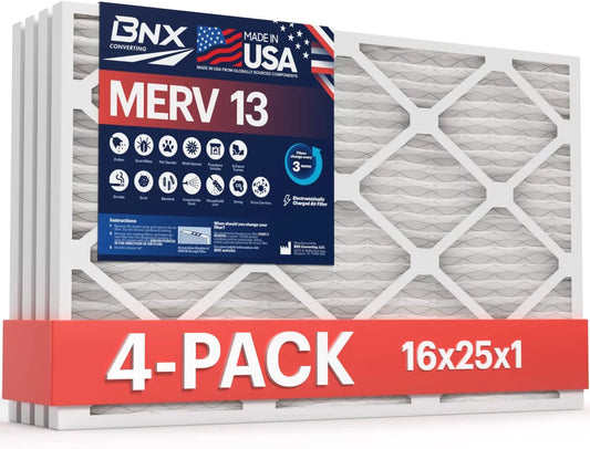 BNX 16x25x1 MERV 13 Air Filter 4 Pack - MADE IN USA - Electrostatic Pleated Air Conditioner HVAC AC Furnace Filters - Removes Pollen, Mold, Bacteria, Smoke