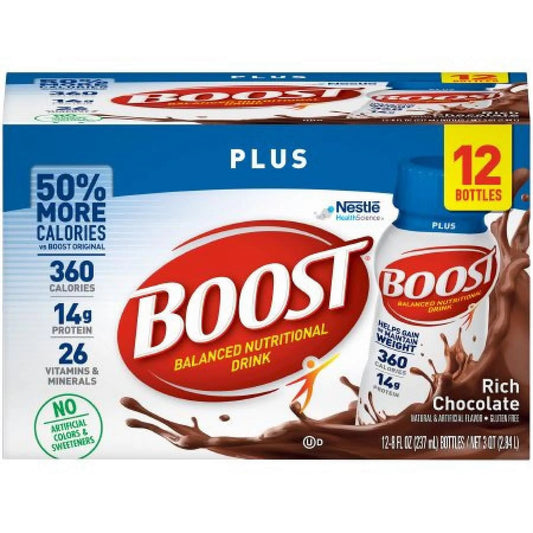 Boost Plus Balanced Nutritional Drink Rich Chocolate, 8 ounce Bottle, 12 Count