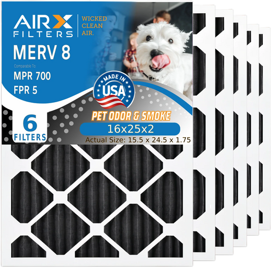 16x25x2 Air Filter Odor Eliminator Carbon Filter MERV 8 Comparable to MPR 700 & FPR 5 AC HVAC Premium USA Made 16x25x2 Furnace Filters by AIRX FILTERS WICKED CLEAN AIR. 6 Pack