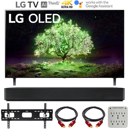 LG OLED77A1PUA 77 Inch A1 Series 4K HDR Smart TV w/ AI ThinQ (2021) Bundle with LG SK1 2.0-Channel Compact Sound Bar with Bluetooth, 37-100 inch TV Wall Mount Bracket Bundle and 6-Outlet Surge Adapte