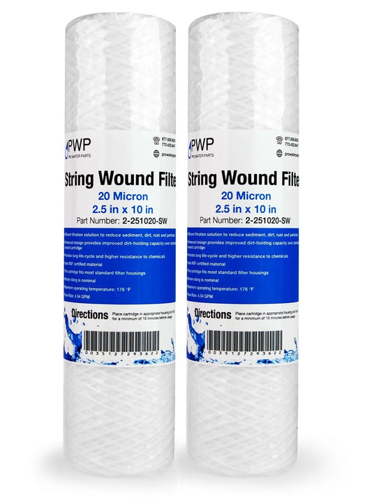 String Wound Sediment Water Filter Cartridge Standard 2.5x10 20 Micron 2 Pack