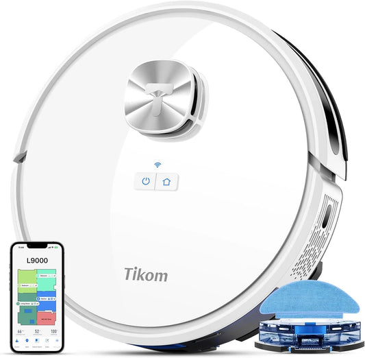FJU Robot Vacuum and Mop Combo, LiDAR Navigation, L9000 Robotic Vacuum Cleaner, 4000Pa Suction, 150Mins Max, Smart Mapping, 14 No-go Zones, Ideal for Pet Hair, Carpet, Hard Floor, White