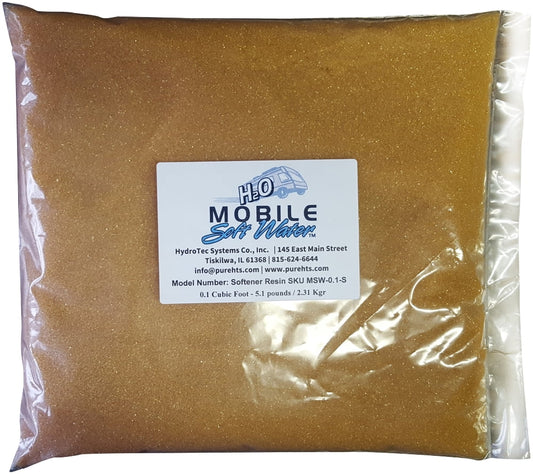 Mobile-soft-water Water Softener Resin(Cation) Ion-Exchange 0.1 Cubic Foot - 5.1 pounds -2.31 Kg.; Packaged for RV, portable style water softeners or any other resin replacement applications.
