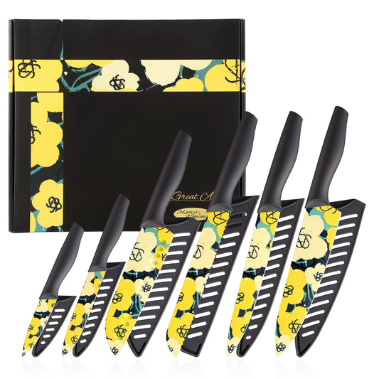 Knife Set,Marco Almond MA66 Cutlery Sets 12-Piece Colorful and Fashionable Coated Stainless Steel Kitchen Knives with Blade Guards, 6 Knives with 6 knife sheath