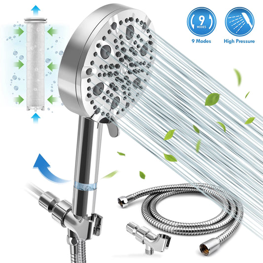 WeGuard 9-Mode High Pressure Handheld Shower Head with Filter, Anti-clog Nozzles, Built-in 1 Effective Filter Element, Shower Head Set Includes Extra Long 5 ft. Stainless Steel Hose, Wall Holder