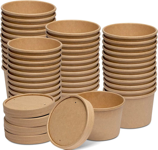 Comfy Package 8 Oz Kraft Food Containers Disposable Ice Cream Cups with Lids, 50-Pack