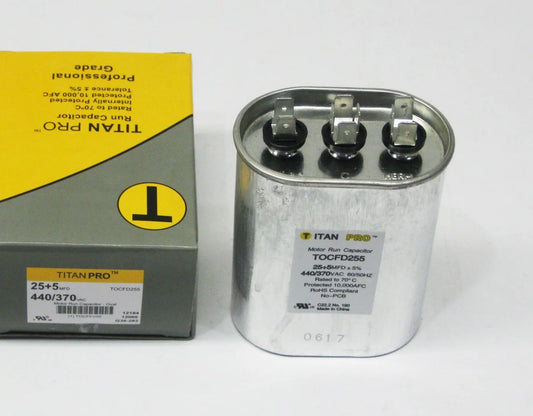 TitanPro 25\/5-440 TitanPro TOCFD255 HVAC Oval Motor Run Dual Capacitor. 25/5 MFD/UF 440/370 Volts
