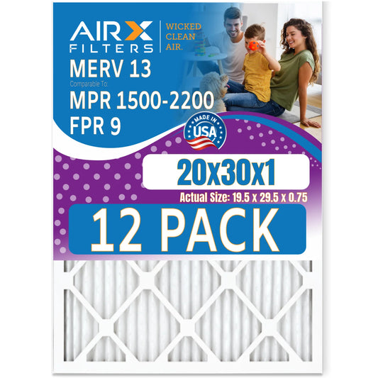 20x30x1 Air Filter MERV 13 Rating, 12 Pack of Furnace Filters Comparable to MPR 1500 - 2200 & FPR 9 - Made in USA by AIRX FILTERS WICKED CLEAN AIR.