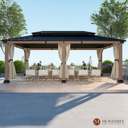 Mondawe Galvanized Steel Double Roof Fir Wood Frame Outdoor Gazebo,12'x20' Hardtop Gazebo,Double Vented Roof Pergola Canopy with Curtains, Lawn Yard Backyard Gazebo Awning with Ceiling Hooks