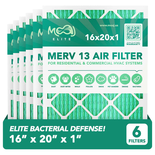16x20x1 Air Filter (6-PACK) | MERV 13 | MOAJ Elite Bacterial & Viral Defense | BASED IN USA | Pleated Replacement Air Filters for AC & Furnace Applications | Actual Dimensions: 15.70 x 19.70 x 0.75