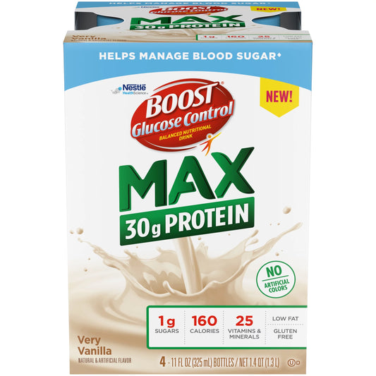 BOOST Glucose Control Max 30g Protein Ready to Drink Nutritional Drink, Very Vanilla, 12 Count (3 - 4 Packs)