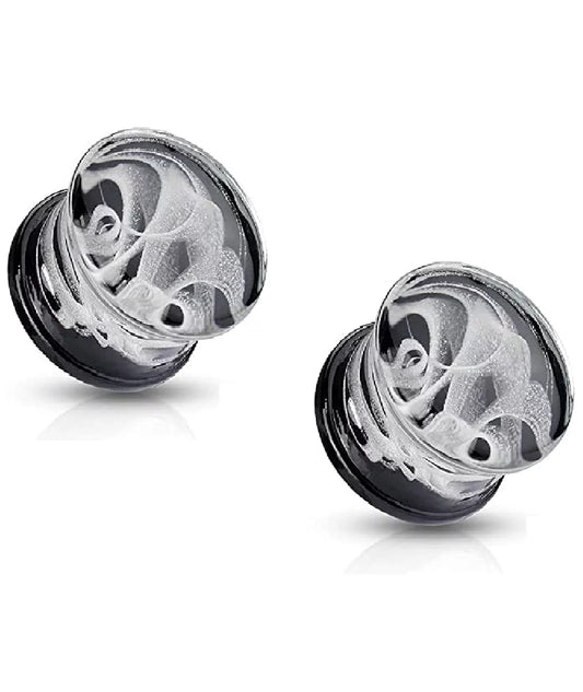 Glass Pyrex with Black back with White Swirling Smoke Double Flare Plugs
