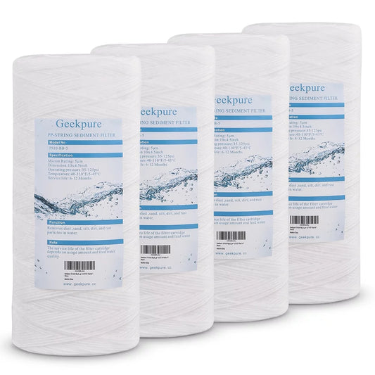 Geekpure 10-Inch String Wound PP Sediment Filter for Whole House Water Filtration -4.5 x 10-5 Micron- Pack 4