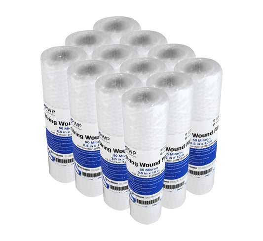 String Wound Sediment Water Filter Cartridge Standard 2.5x10 50 Micron 12 Pack