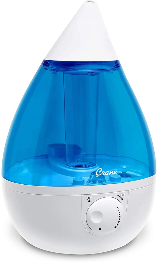 Crane Drop Ultrasonic Cool Mist Humidifier, Filter Free, 1 Gallon, 24 Hour Run Time, Whisper Quiet, for Home Bedroom Baby Nursery and Office, Blue and White