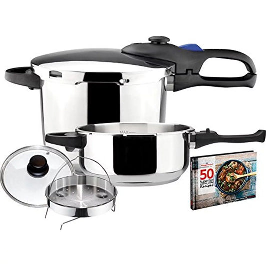 MAGEFESA  Favorit Six Super-Fast pressure cooker, 3.2 + 6.3 Quart, stainless steel, suitable induction, heat diffuser bottom, 5 safety systems SPECIAL EDITION (Steam basquet + Lid + Recipe book)