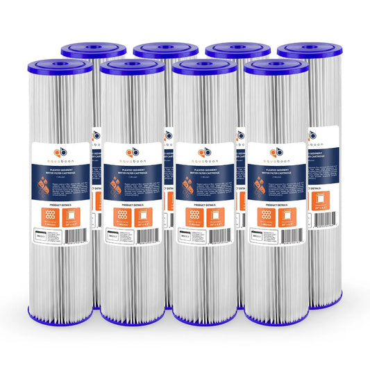 Aquaboon 1 Micron 20 Pleated Sediment Water Filter Replacement Cartridge | Whole House Sediment Filtration | Compatible with ECP5-BB, AP810-2, HDC3001, CP5-BB, SPC-45-1005, ECP1-20BB, 8-Pack