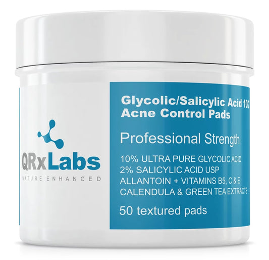 Glycolic/Salicylic Acid 10/2 Acne Control Pads with 10% Ultra Pure Glycolic Acid + 2% Salicylic Acid USP, Allantoin, Vitamins B5, C & E, Calendula & Green Tea - Helps Clear Up and Control Acne