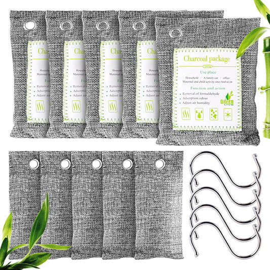 WHDZ 10 PCS Bamboo Charcoal Air Purifying Bags with 5 Hanging Hooks,Activated Bamboo Charcoal Bags Odor Absorber Air Purifying For Shoe Basement Pet Room Wardrobe Car Smell