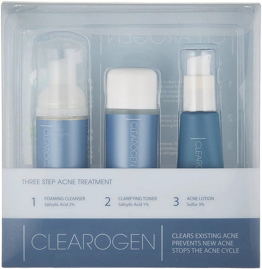 Clearogen Sensitive Skin Acne Treatment Set with SULFUR Lotion, Foaming Cleanser, Clarifying Toner, Kit for hormonal acne & blemishes (travel size)