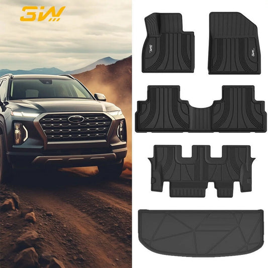 3W Floor Mats&Cargo Liner Accessories All Weather Full Set For 2024 2023 2022 2021 2020 Hyundai Palisade 7 & 8 Seat (Only for Bench Seat), Custom Fit TPE All Weather Floor Liner Black