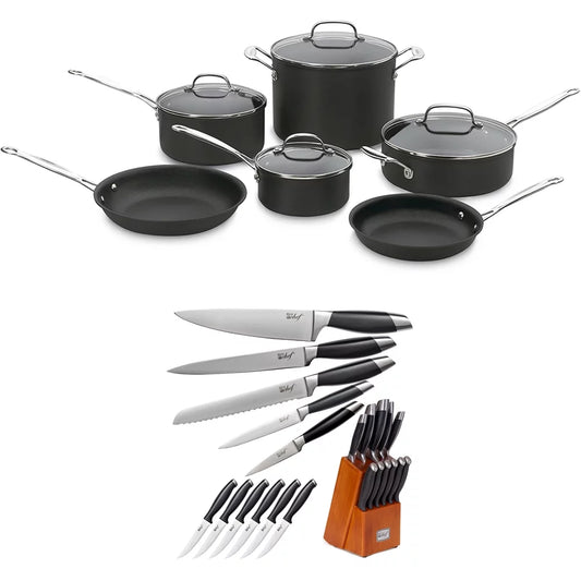 Cuisinart 66-10 Chef's Classic Nonstick Hard-Anodized 10-Piece Cookware Set Bundle with Deco Chef Gourmet 12 Piece Stainless Steel Knife Set with Storage Block