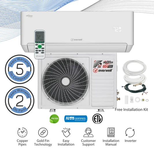 Everwell 12,000 BTU 17 SEER2 Ductless Mini-Split Inverter+ Air Conditioner Heat Pump System Full Set 220V.