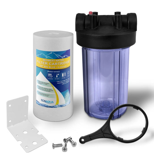 10 Inches Transparent Big Blue Housing with Presser Relief Button, 1” Inlet/Outlet Brass Port & 5 Micron Sediment Water Filter Cartridge