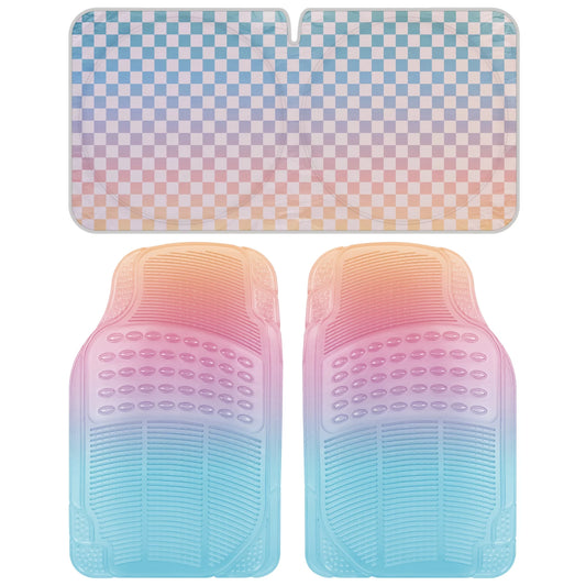 Carbella Auto Sun Shade AND 2PC Car Floor Mats Sunset Translucent Rainbow All Weather Heavy Duty Trim to Fit Most Cars, Vans, Trucks & SUVs