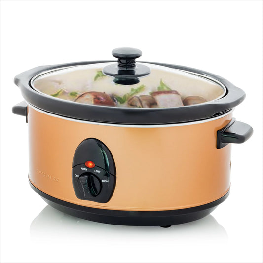 OVENTE Electric Slow Cooker 3.7 Quart with 3 Temperature Settings, Dishwasher Safe Removable Ceramic Pot & Tempered Glass Lid, Portable Multicooker Soup Maker and Mulled Wine Warmer, Copper SLO35ACO1