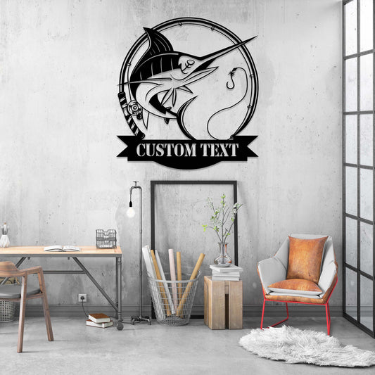 Craftnamesign Custom Marlin Fishing Metal Wall Art LED Light, Personalized Fishing Name Sign