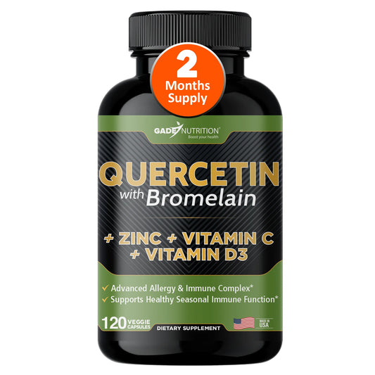 Quercetin with Vitamin C and Zinc  - Quercetin 500mg, Bromelain 200mg  + Vitamin C 120mg + Vitamin D + Zinc - 120 Veggie Caps - 2 Month Supply