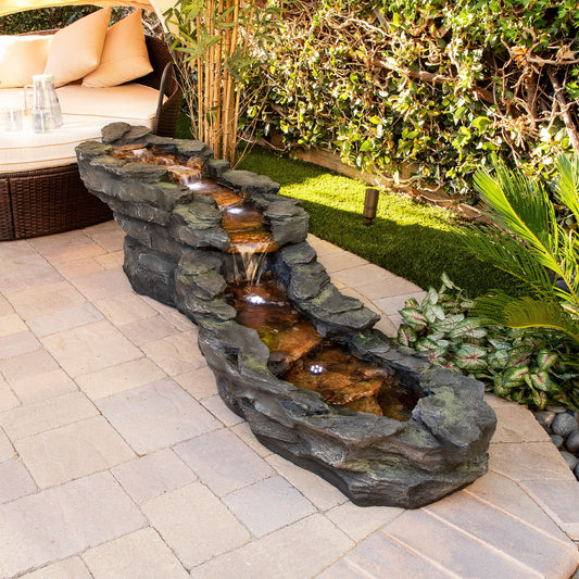 Alpine Corporation 76 Long Outdoor Tiering Rocky River Stream Water Fountain with LED Lights