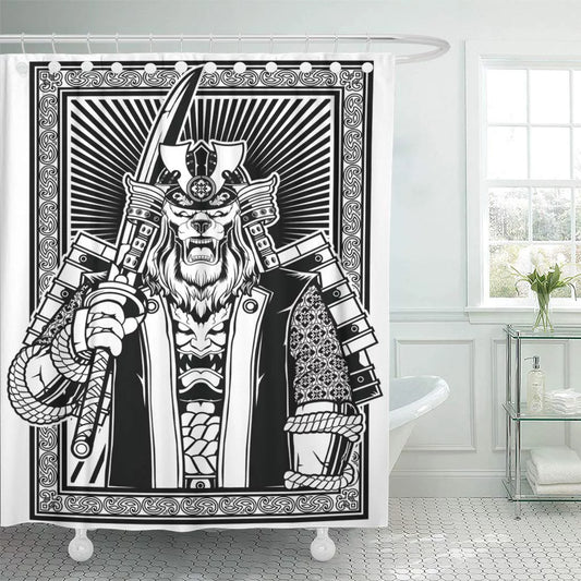 Libin Mask White Demon Samurai Shogun Lion Armor Asian Shower Curtain 66x72 inch