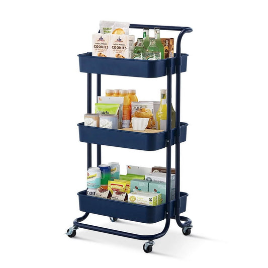 Clipop Mobile 3-Tier Utility Rolling Storage Cart with Lockable Wheels, Organizer Serving Trolley Clearing for Kitchen Bathroom Laundry Bedroom,Dark Blue
