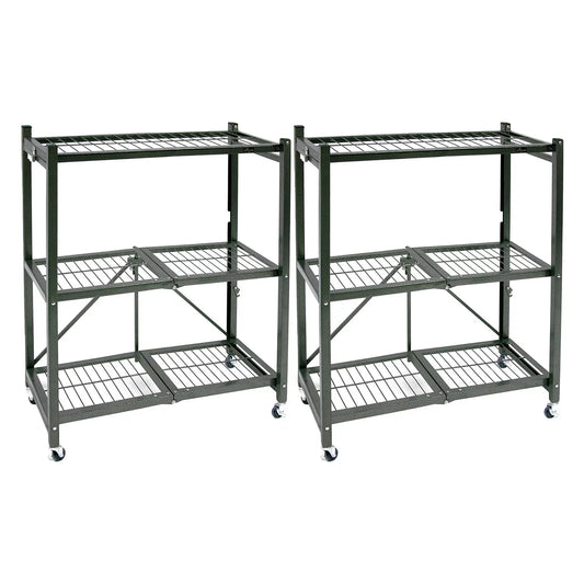 Origami R3 Foldable 3-Tiered Shelf Storage Rack & Wheels, Pewter (2 Pack)