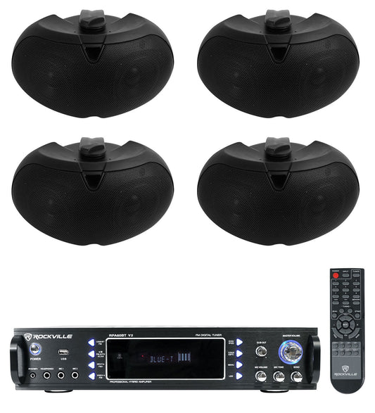 (4) Rockville D4-16 Black Dual 4 16 Ohm Outdoor Restaurant Patio Speakers+Amp