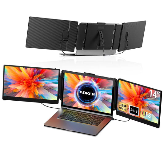 Triple Laptop Screen Extender - 14 Inch Portable IPS FHD 1080P HDMI/USB-A/Type-C Monitors for 13-17.4 Laptops Compatible with Mac Windows Travel Work Gaming