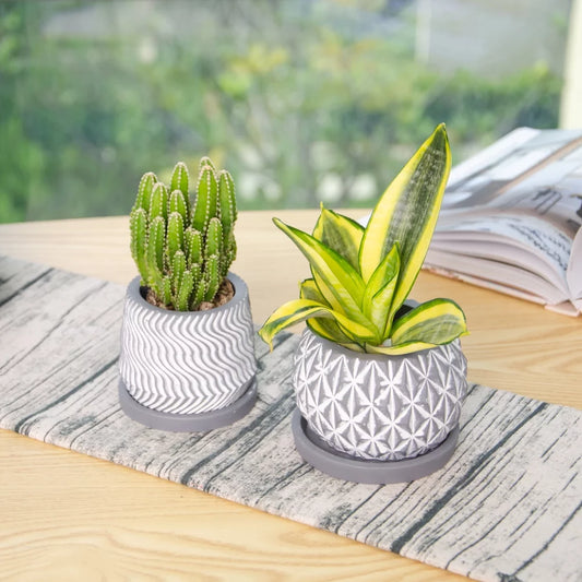 KRALIX Cement Geometric Round Planter Pots - 2 Piece Set - Gray Wash