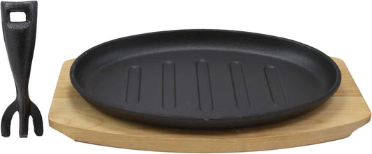 Personal Size 10.5 By 7 Enamel Coated Cast Iron Sizzling Fajita Skillet Ridged Japanese Steak Plate With Hle  Wood Base For Restaurant Home Kitchen Cooking Pan Grilling Meats Seafood