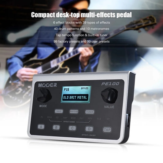 MOOER PE100 Portable Multi-effects Processor Guitar Effect Pedal 39 Effects 40 Drum Patterns 10 Metronomes Tap Tempo
